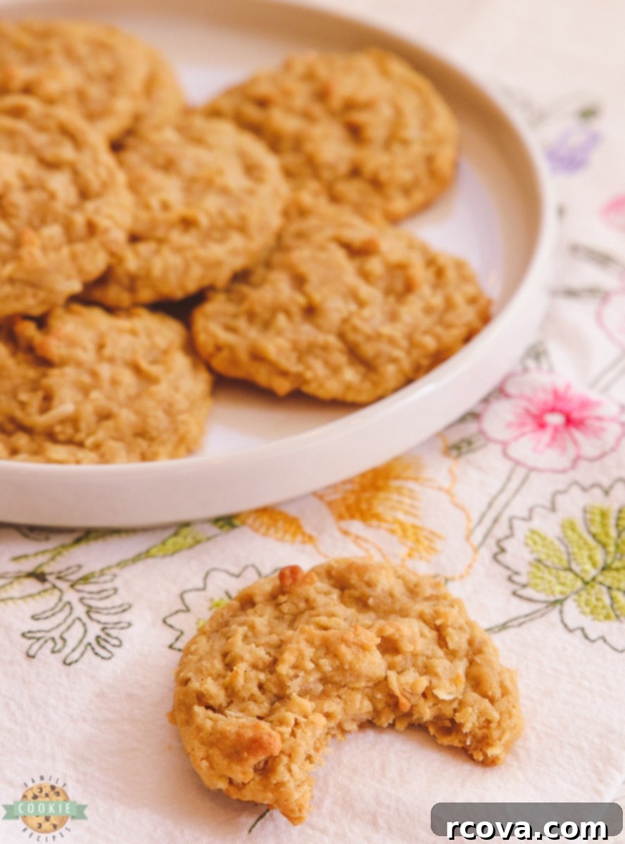Chewy Coconut Oatmeal Delights 9 A plate full of golden brown coconut oatmeal cookies, highlighting their delicious texture and inviting appearance.