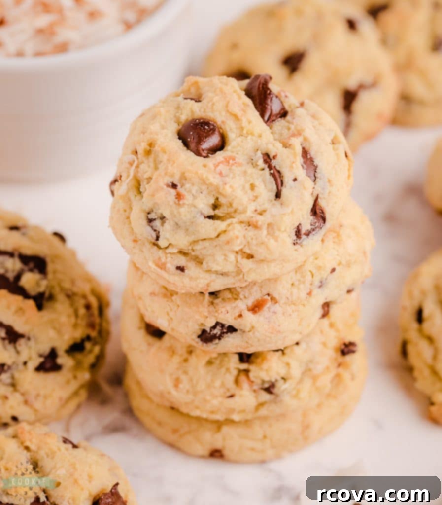 Irresistible Homemade Chocolate Chip Cookie Recipes 11 Coconut Chocolate Chip Cookies, soft and chewy, with visible coconut flakes.