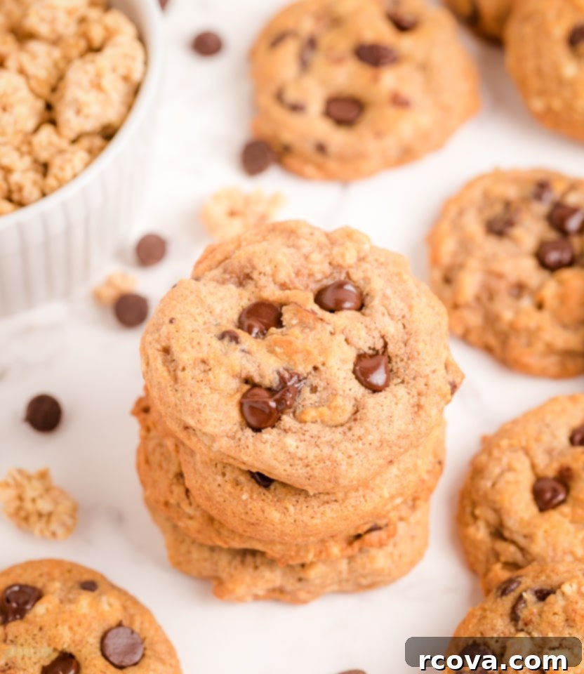 Irresistible Homemade Chocolate Chip Cookie Recipes 20 A stack of wholesome Breakfast Chocolate Chip Cookies, made with oats and applesauce.