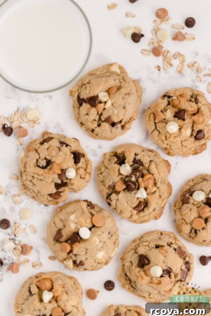 Irresistible Homemade Chocolate Chip Cookie Recipes 51 Five Chip Peanut Butter Oatmeal Cookies, loaded with various baking chips.