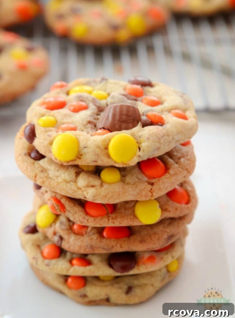 Irresistible Homemade Chocolate Chip Cookie Recipes 57 Loaded Reese's Cookies, topped with mini peanut butter cups and Reese's Pieces.