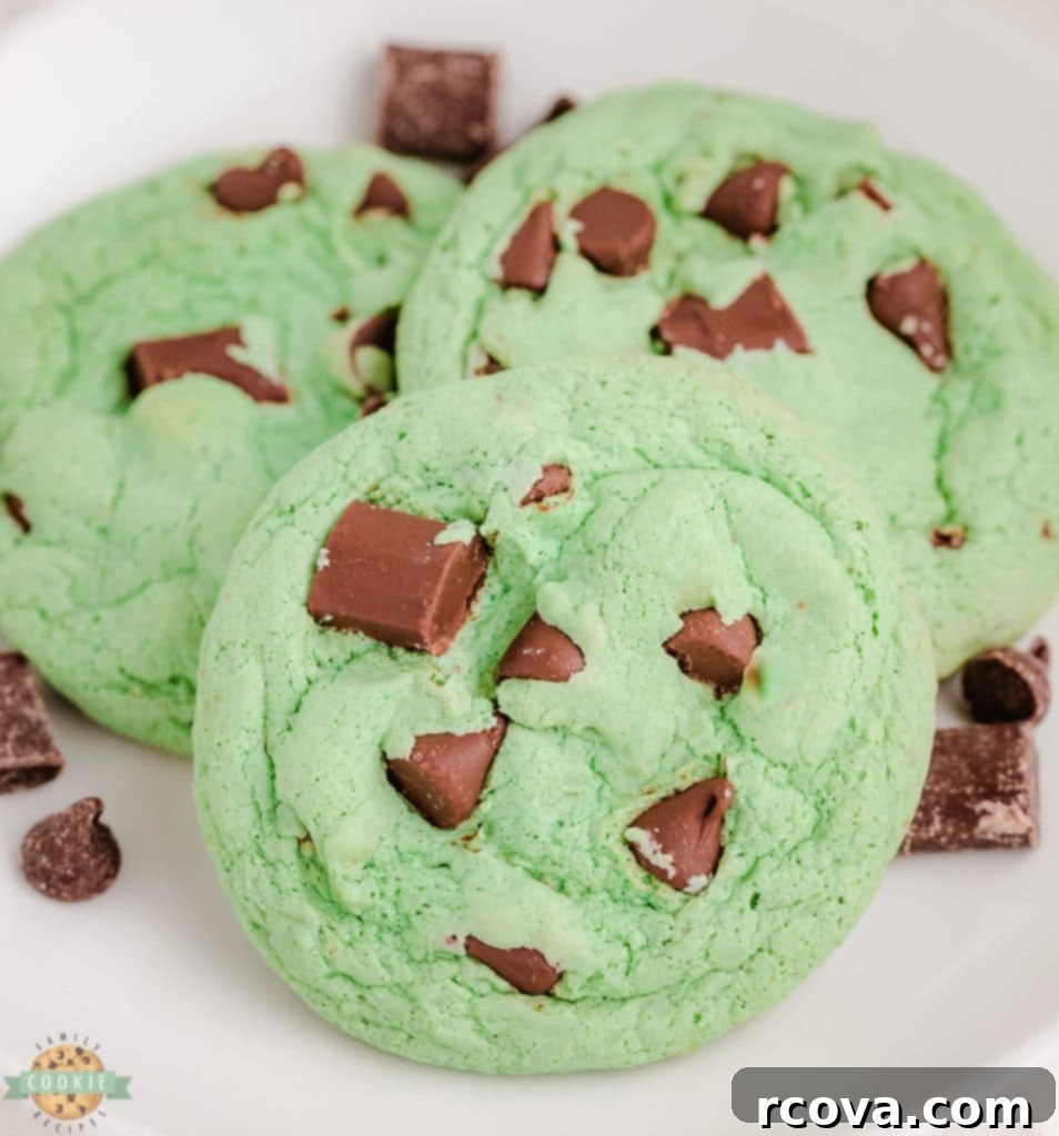 Irresistible Homemade Chocolate Chip Cookie Recipes 8 A plate of vibrant green mint chocolate chip cookies, with visible chocolate and mint chips.