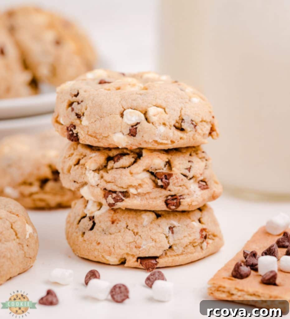 Irresistible Homemade Chocolate Chip Cookie Recipes 73 A stack of S'mores Chocolate Chip Cookies, showing gooey marshmallows and chocolate.