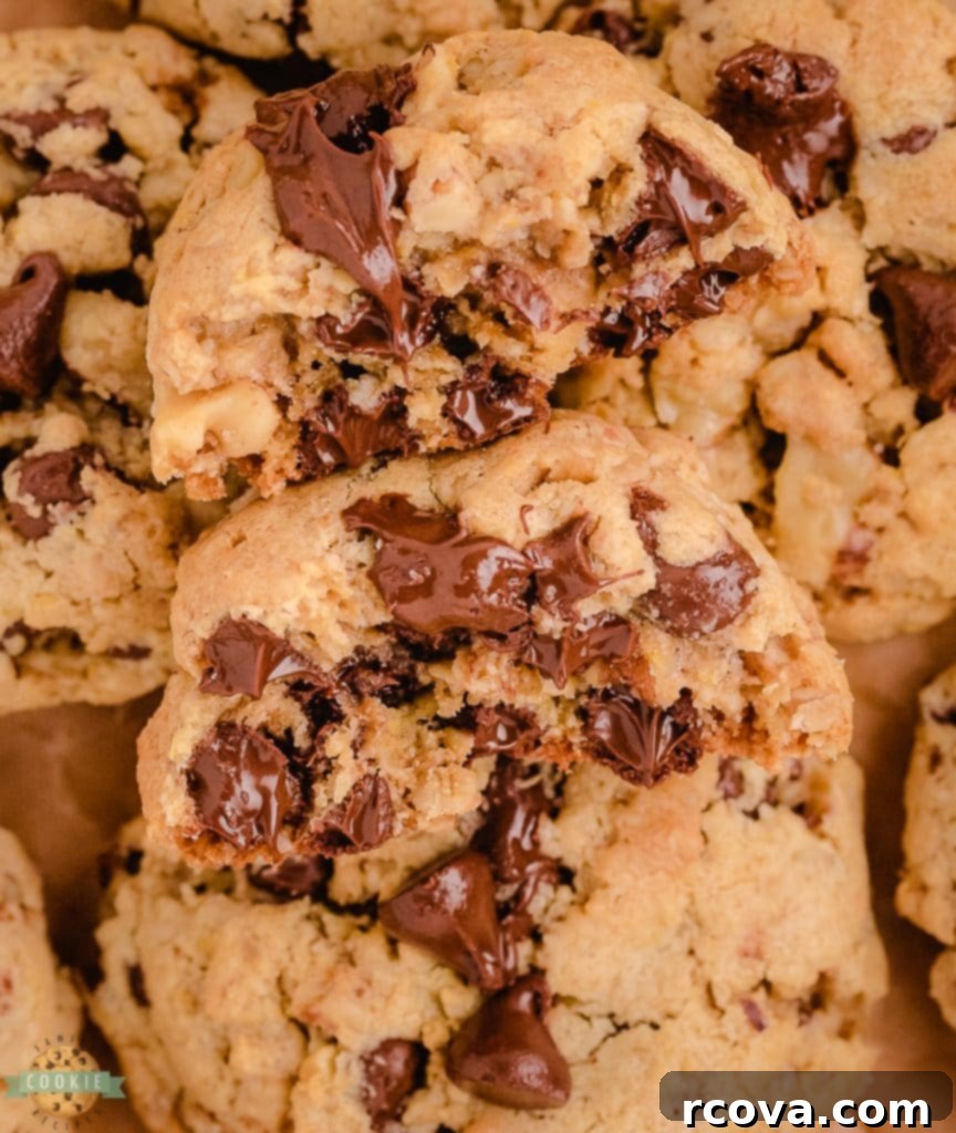 Irresistible Homemade Chocolate Chip Cookie Recipes 78 Oatmeal Walnut Chocolate Chip Cookies, with visible oats and walnuts.