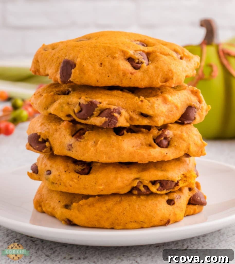 Irresistible Homemade Chocolate Chip Cookie Recipes 89 A stack of soft Spiced Pumpkin Chocolate Chip Cookies.