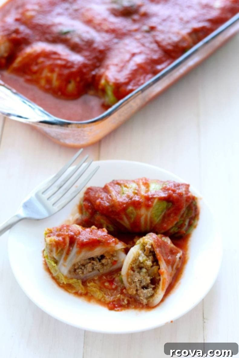 Wholesome Napa Cabbage Wraps 2 Close-up of golden-brown Healthier Napa Cabbage Rolls with Quinoa, generously covered in rich homemade tomato sauce, served hot in a casserole dish.