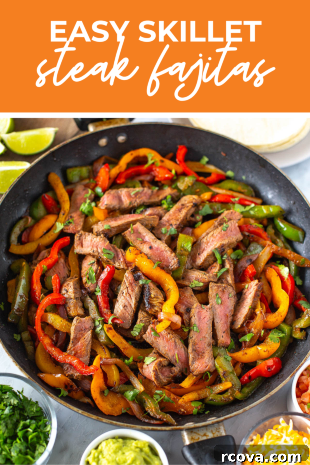 Sizzling Steak Fajitas 12 Close-up of a perfectly cooked steak fajita, nestled in a warm tortilla with a vibrant mix of colorful bell peppers and onions, ready for a delicious bite.