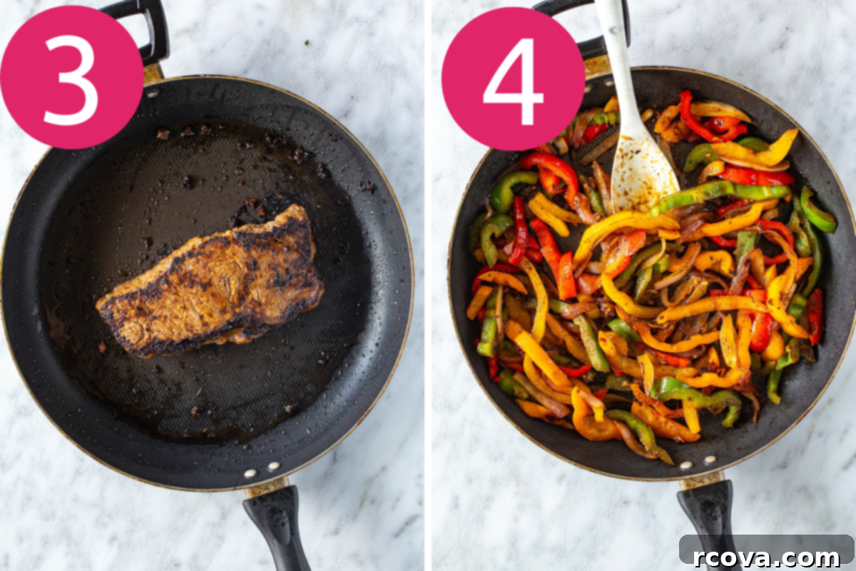 Sizzling Steak Fajitas 6 Overhead shot depicting the middle cooking stages of steak fajitas: Step 3 shows a single seared steak sizzling in a black frying pan, achieving a perfect crust. Step 4 illustrates sliced bell peppers and onions being sautéed to tender-crisp perfection in the same pan, stirred by a spatula.