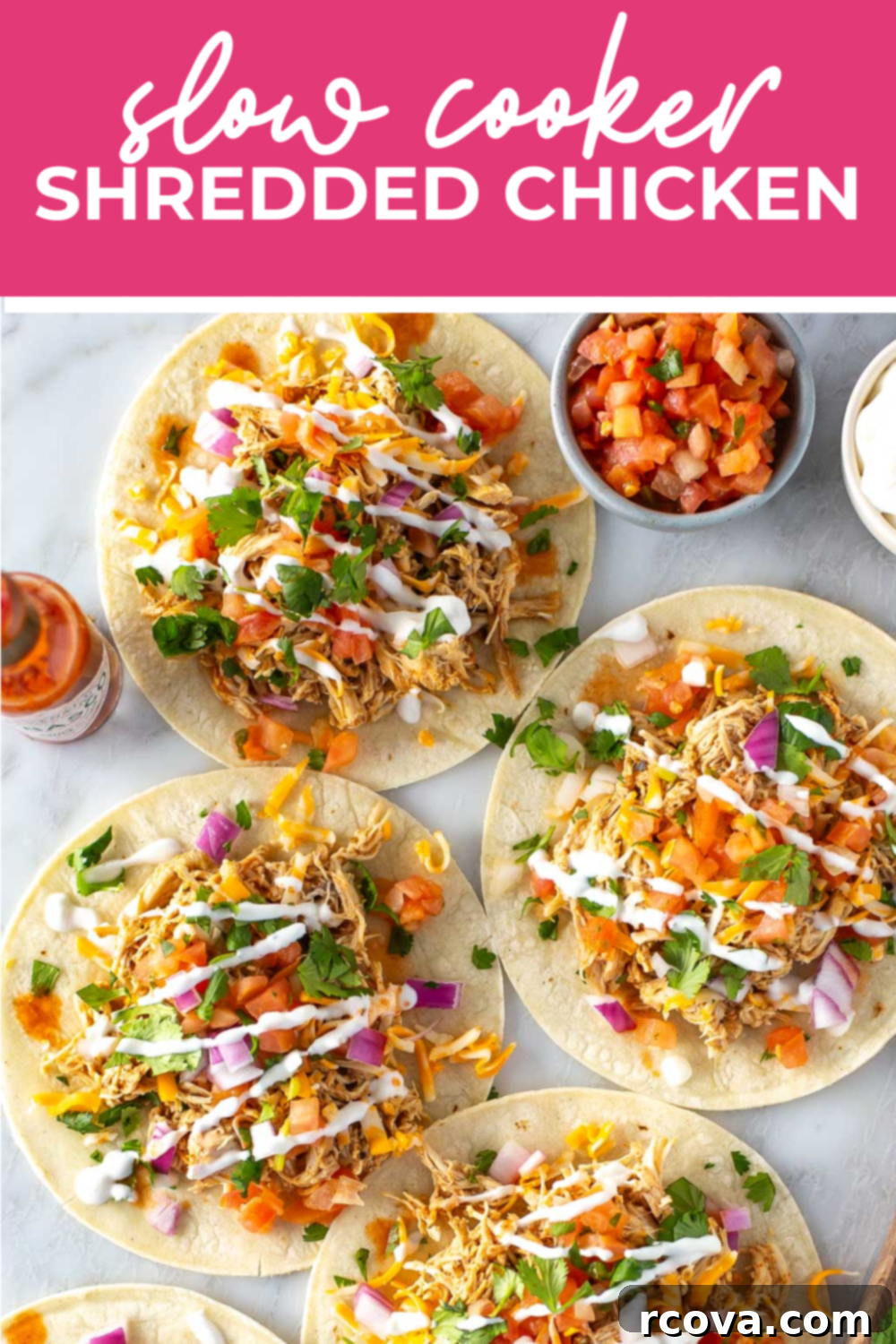 Perfectly Tender Slow Cooker Chicken 11 Overhead shot of plated dish with pink banner on the top - reading "slow cooker shredded chicken"