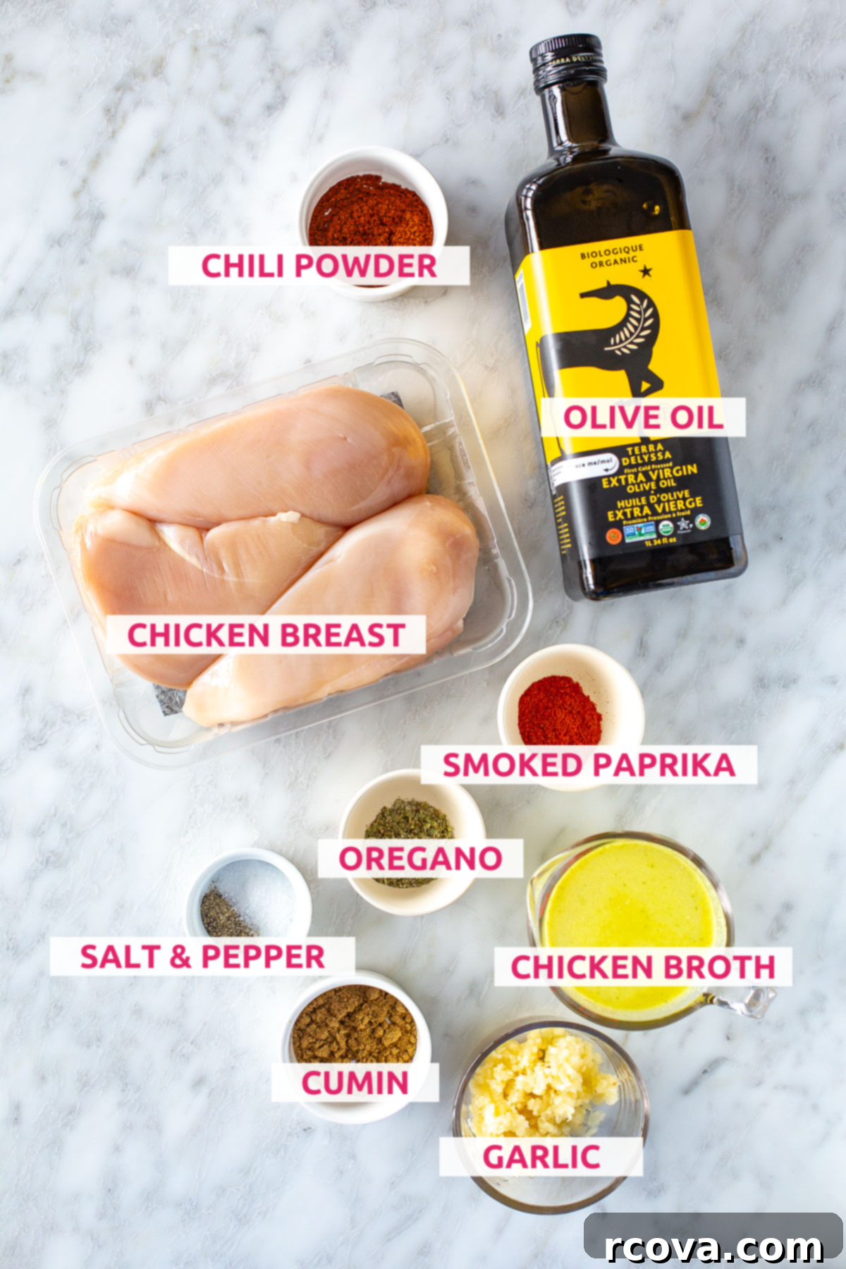 Perfectly Tender Slow Cooker Chicken 4 overhead shot of the slow cooker shredded chicken ingredients with labels