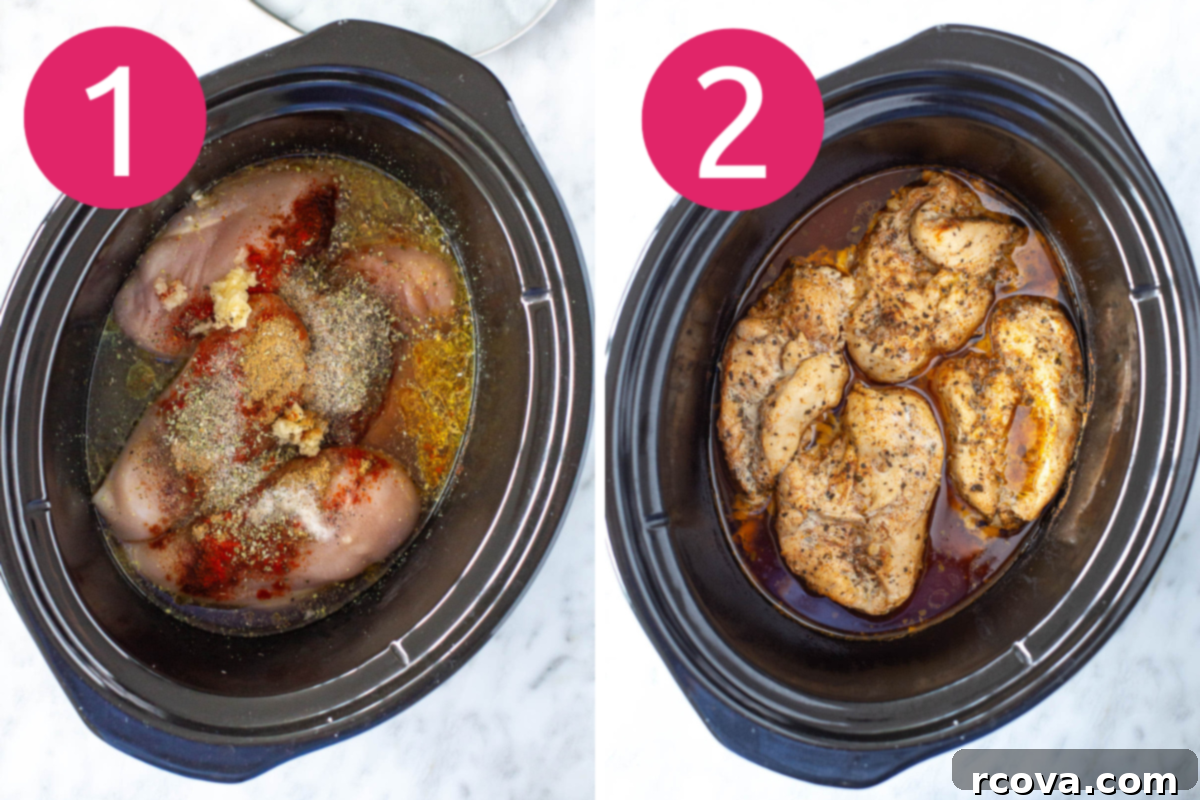 Perfectly Tender Slow Cooker Chicken 5 step 1 and 2 shots of slow cooker shredded chicken