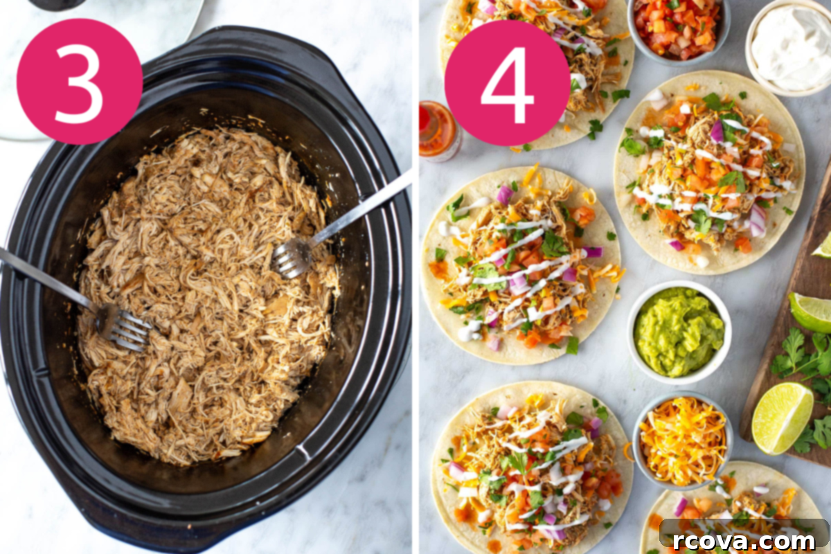 Perfectly Tender Slow Cooker Chicken 6 step 3 and 4 shots of slow cooker shredded chicken