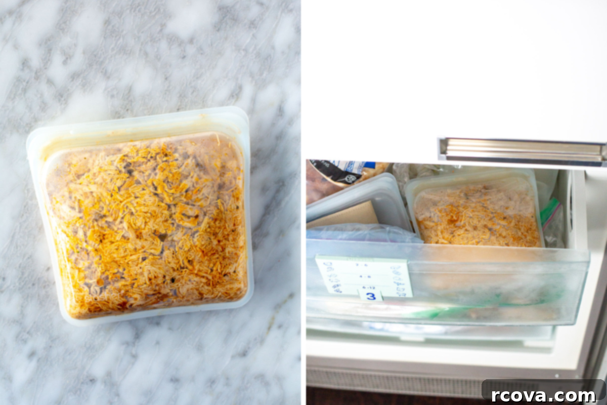 Perfectly Tender Slow Cooker Chicken 9 overhead shots collage of the shredded chicken in silicon food bag and storing in freezer