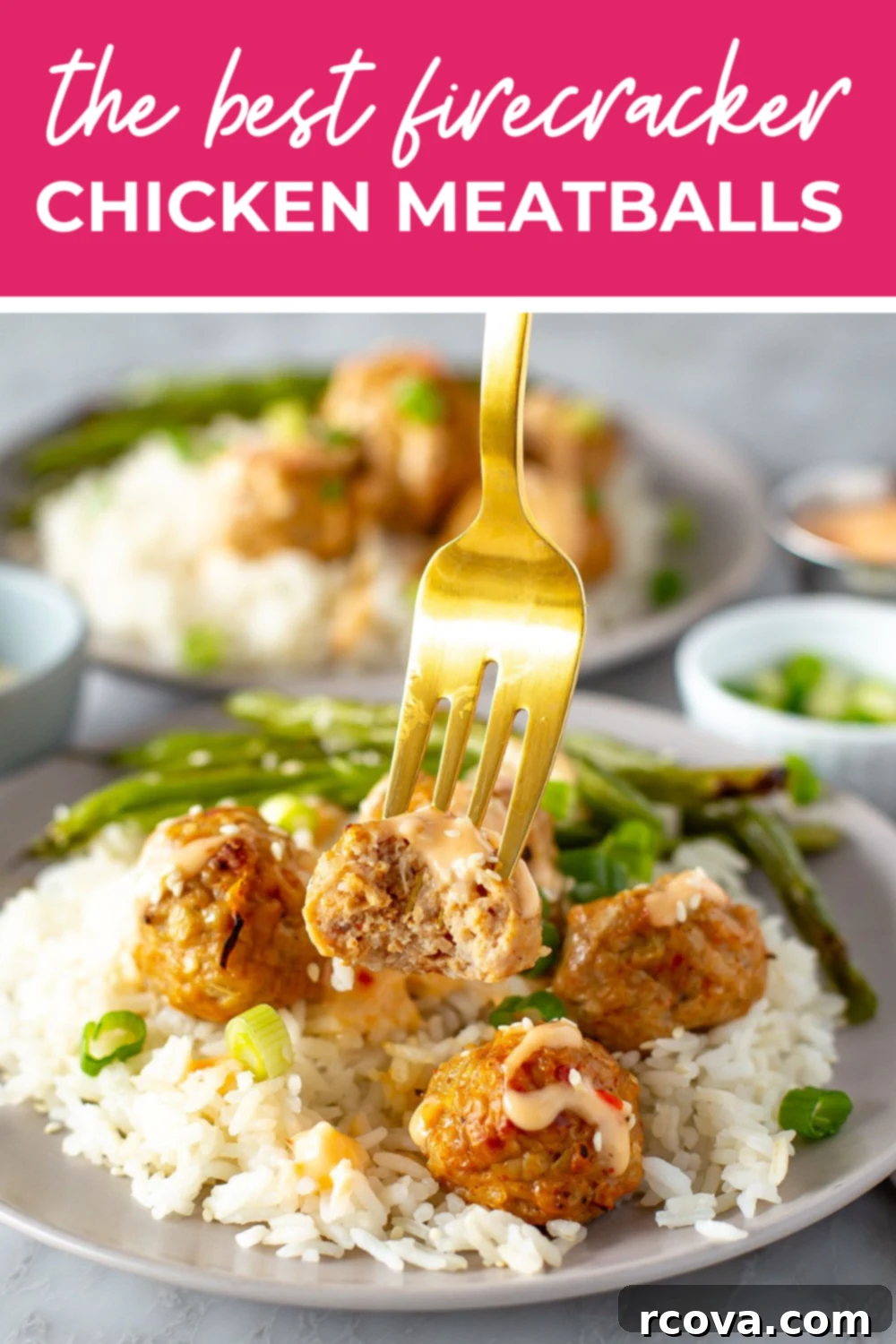 Sizzling Sweet Heat Meatballs 13 Firecracker meatballs on a plate with rice and green beans with the text "The Best Firecracker Chicken Meatballs" on top.