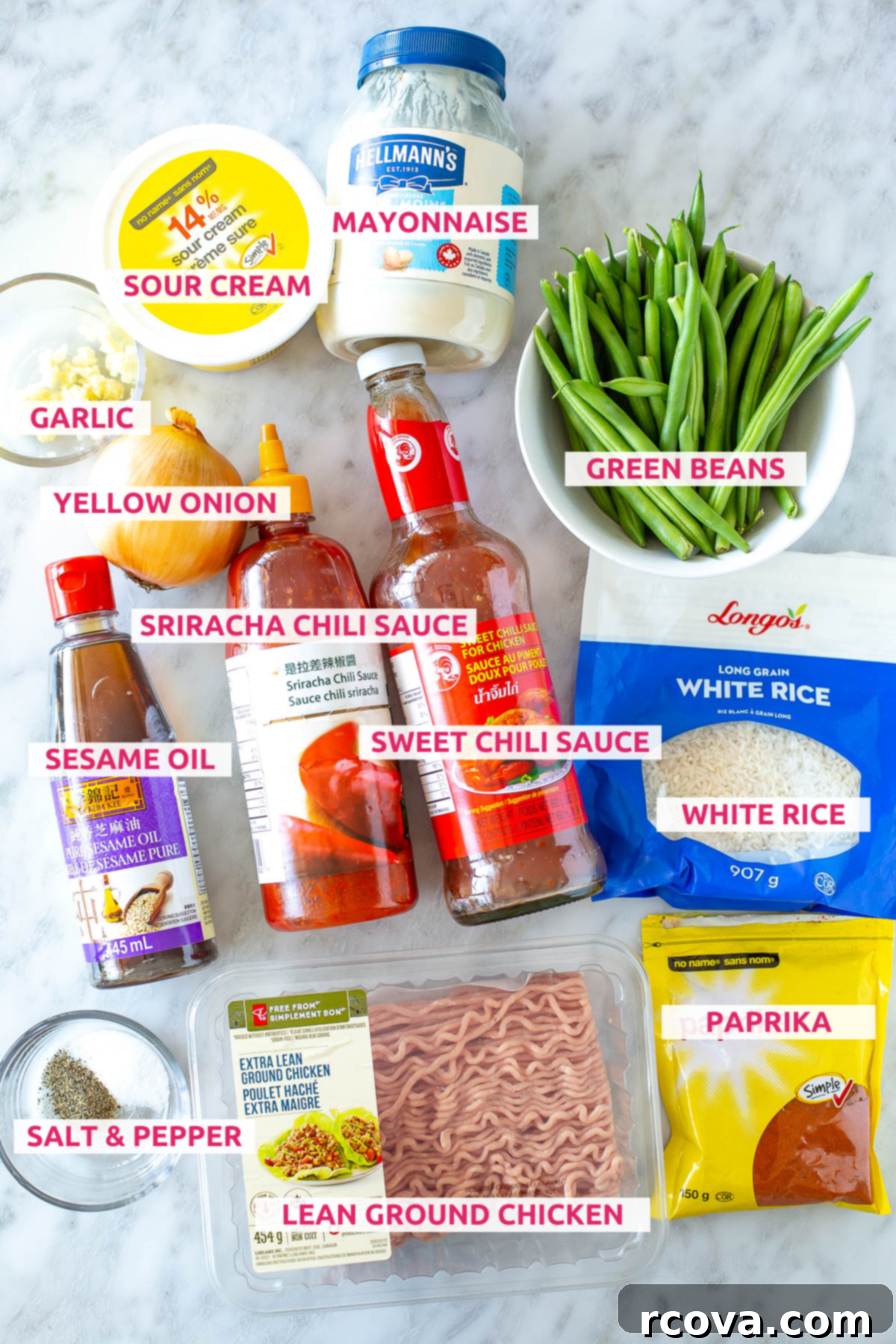 Sizzling Sweet Heat Meatballs 4 Overhead shot of firecracker meatballs ingredients with labels