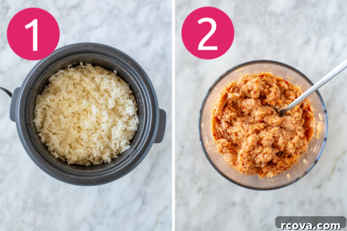 Sizzling Sweet Heat Meatballs 5 Collage showing two steps: 1. Cooked white rice in a slow cooker. 2. Seasoned ground meat mixture in a glass bowl with a silver fork.