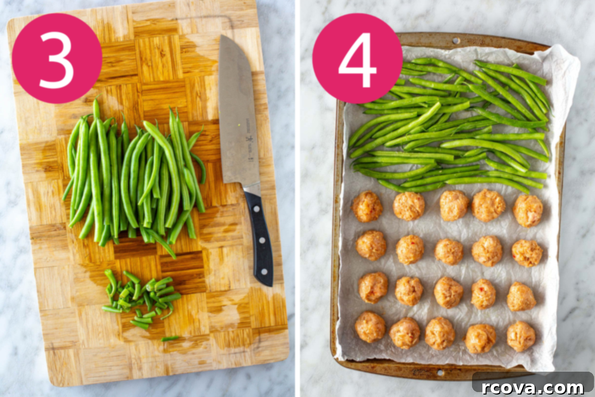 Sizzling Sweet Heat Meatballs 6 Collage showing two steps: 3. Green beans on a wooden cutting board with some trimmed ends and a chef's knife. 4. A baking sheet lined with parchment paper containing rows of meatballs and seasoned green beans.