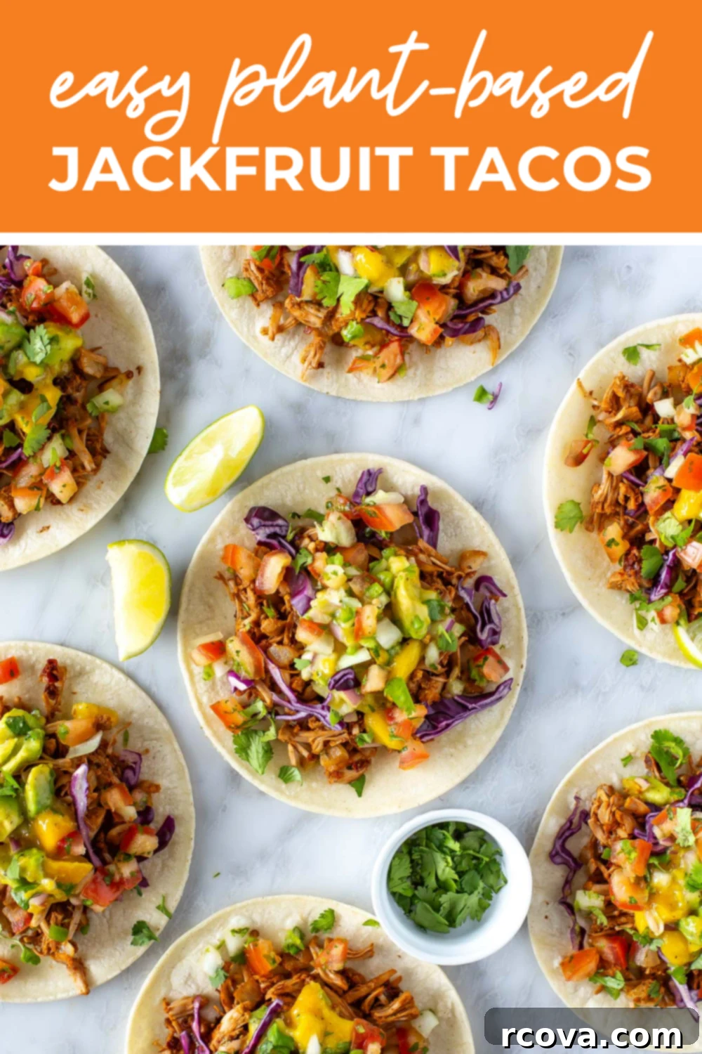 Deliciously Simple Jackfruit Tacos 12 Jackfruit tacos with the text "Easy Plant-Based Jackfruit Tacos" on top.