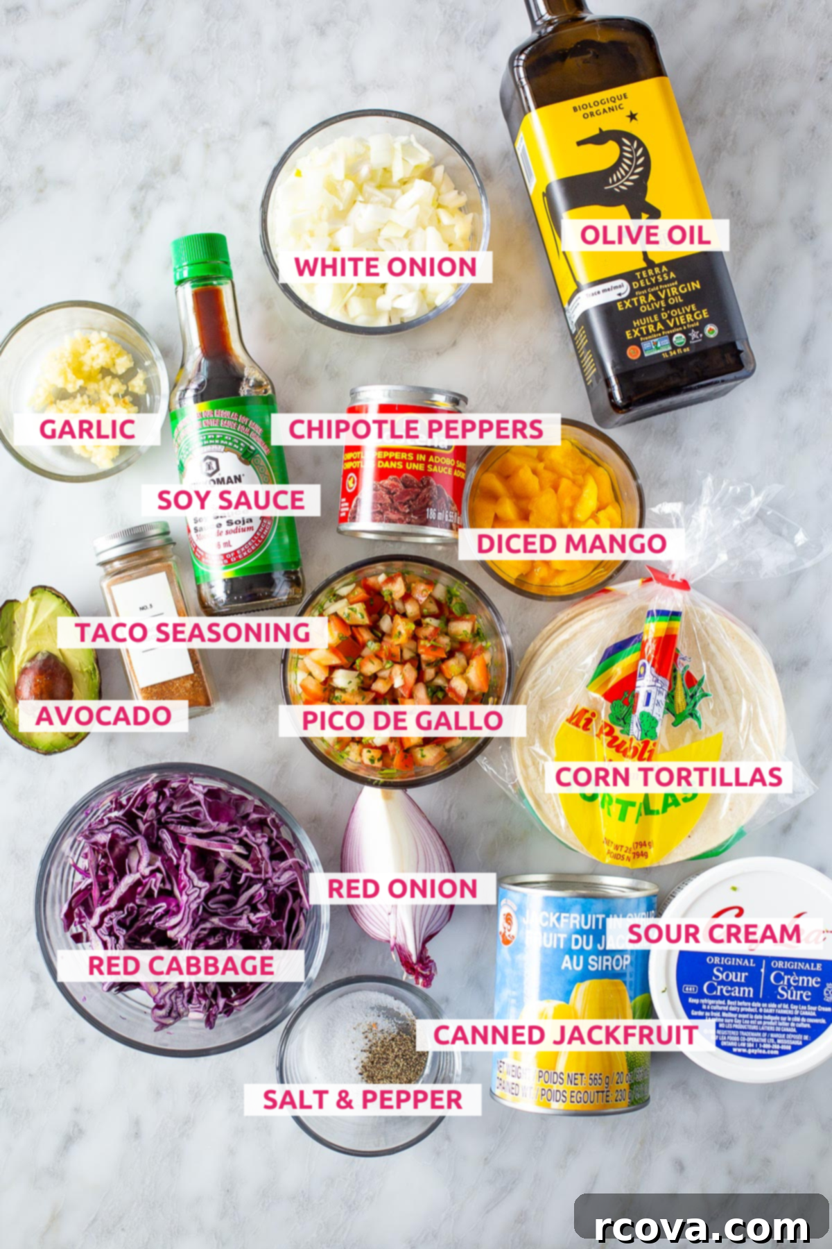Deliciously Simple Jackfruit Tacos 4 Overhead shot of all fresh ingredients for easy jackfruit tacos laid out on a white background with descriptive labels: olive oil, onion, canned jackfruit, taco seasoning, soy sauce, garlic, chipotle peppers, salt & pepper, avocado, mango, red onion, lime, cilantro, corn tortillas, red cabbage, pico de gallo, and sour cream.