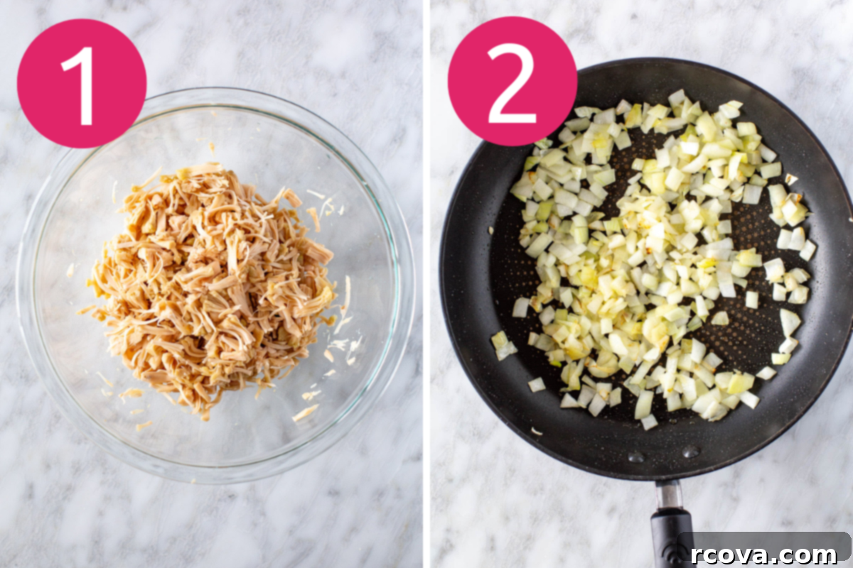 Deliciously Simple Jackfruit Tacos 5 Collage showing two cooking preparation steps: 1. Shredded young green jackfruit is in a clear glass bowl, ready for cooking. 2. Finely diced white onions are sautéing in a black non-stick frying pan with a glistening pool of olive oil.