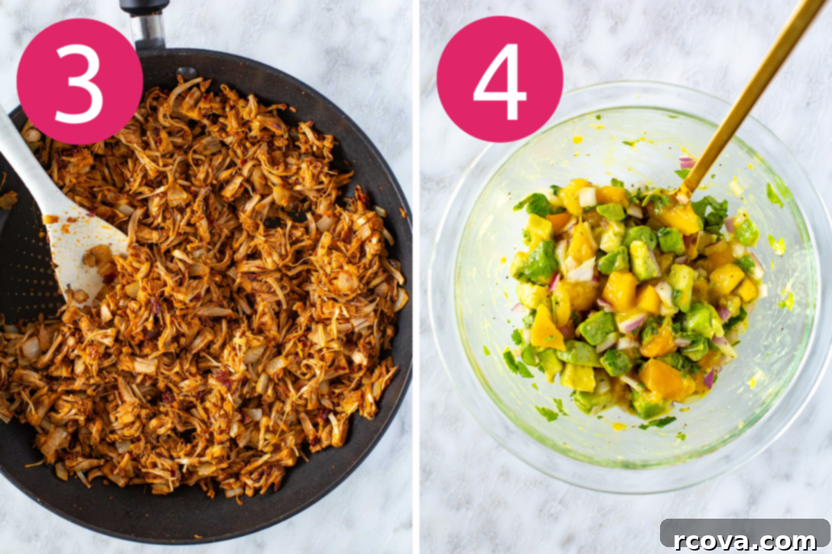 Deliciously Simple Jackfruit Tacos 6 Collage showcasing two more recipe steps: 3. Shredded jackfruit and sautéed onions are actively being stirred and combined in a black frying pan using a white spatula. 4. Fresh mango avocado salsa is being mixed in a clear glass bowl with a wooden spoon, highlighting its vibrant colors.