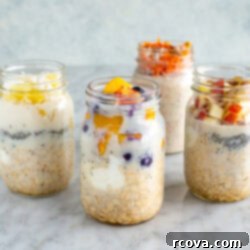30g Protein Power Overnight Oats 10 side front shot of four mason jars with high protein overnight oats, each with different toppings