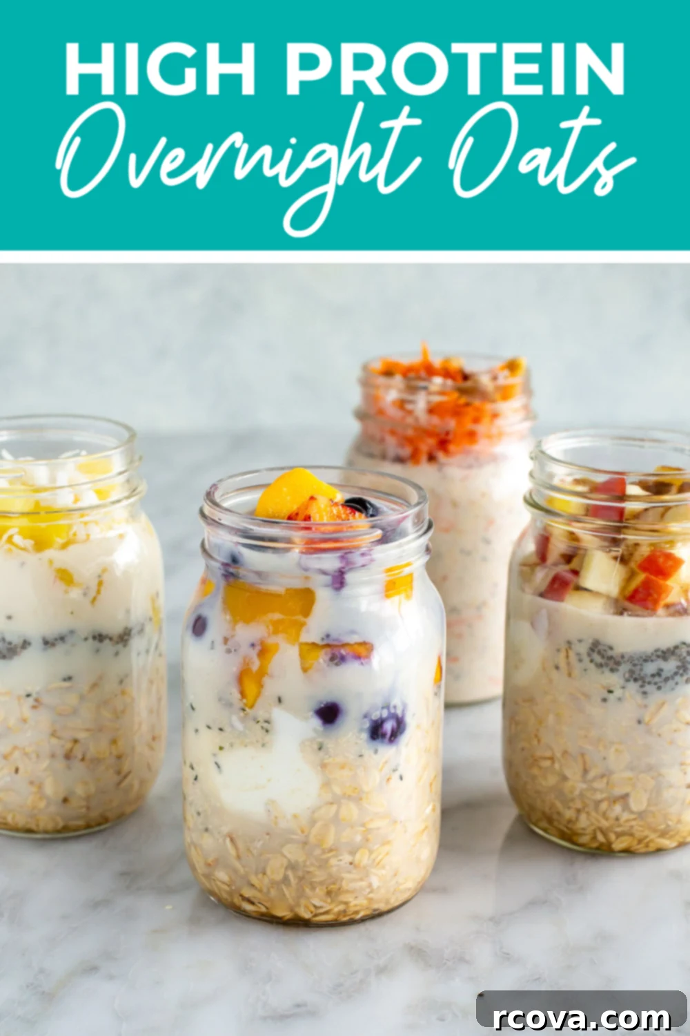 30g Protein Power Overnight Oats 11 Four mason jars of overnight oats with the text "High Protein Overnight Oats" on top, suitable for Pinterest.