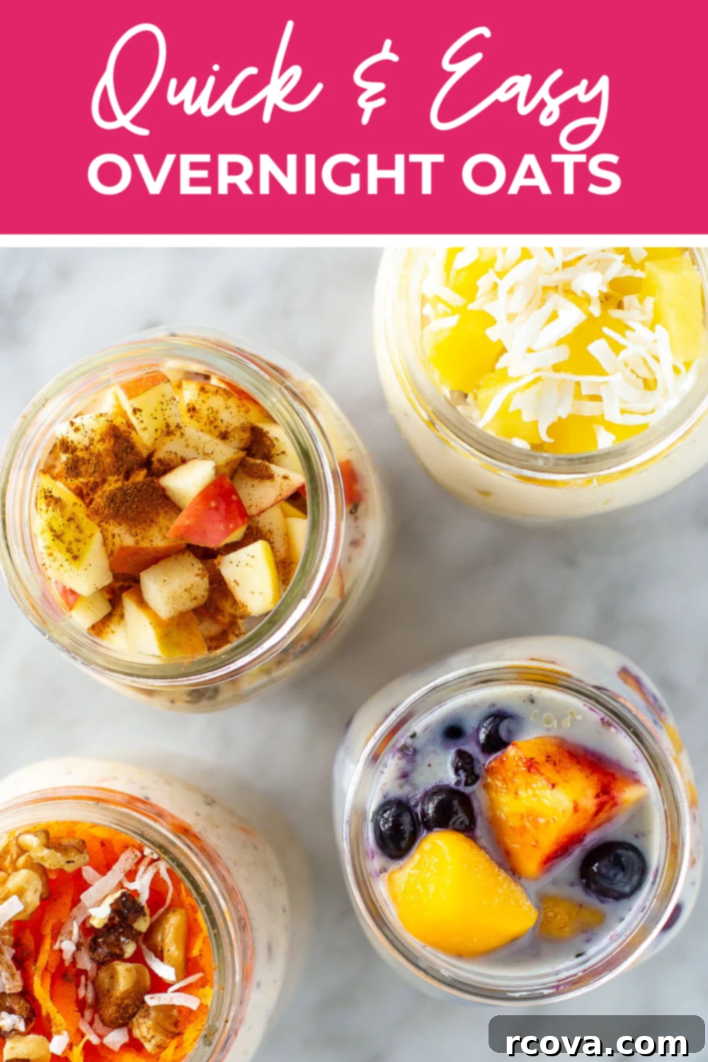 30g Protein Power Overnight Oats 12 Four mason jars of overnight oats with the text "Quick & Easy Overnight Oats" on top, suitable for Pinterest.
