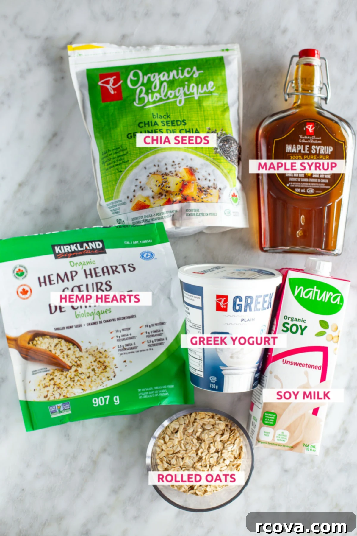 30g Protein Power Overnight Oats 4 Overhead shot of fresh ingredients for high protein overnight oats on a marble surface, neatly labeled