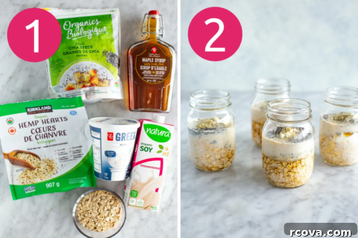 30g Protein Power Overnight Oats 5 Collage of step 1 showing ingredients in a mason jar and step 2 showing them mixed until smooth