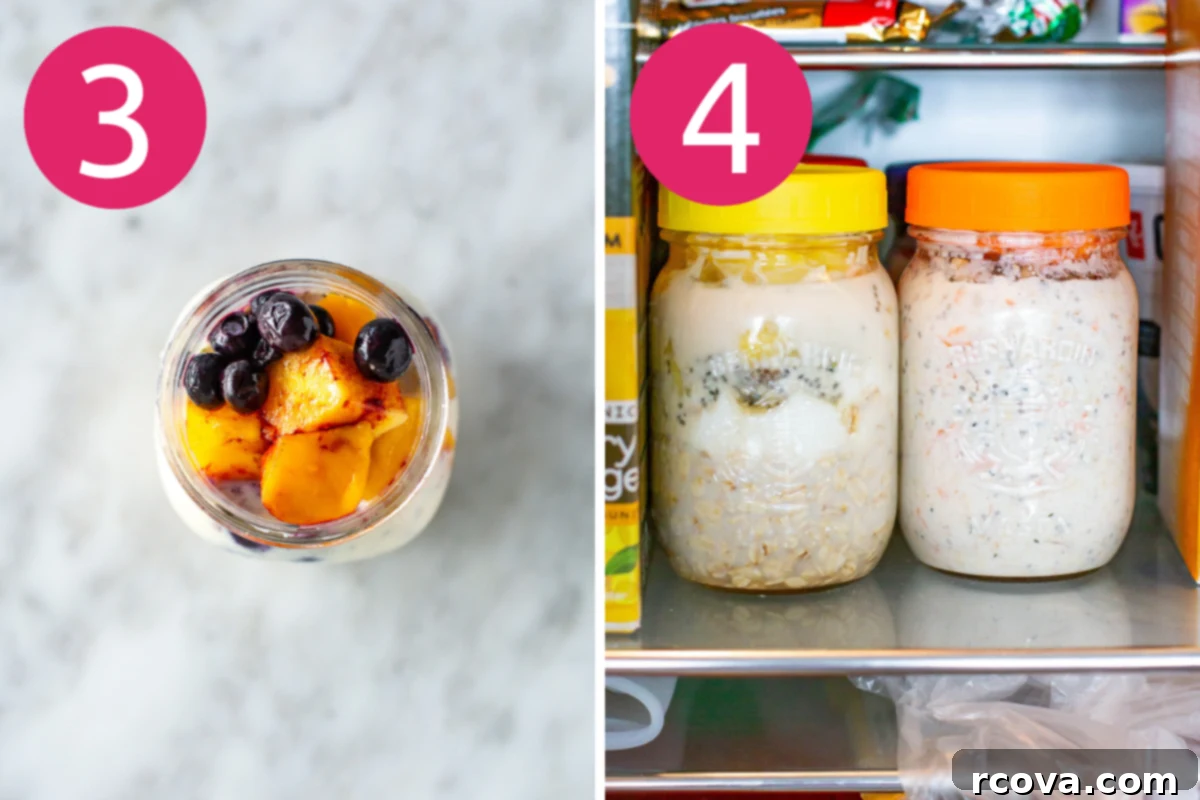 30g Protein Power Overnight Oats 6 Collage of step 3 showing frozen fruit added to oats and step 4 showing a sealed jar in the fridge