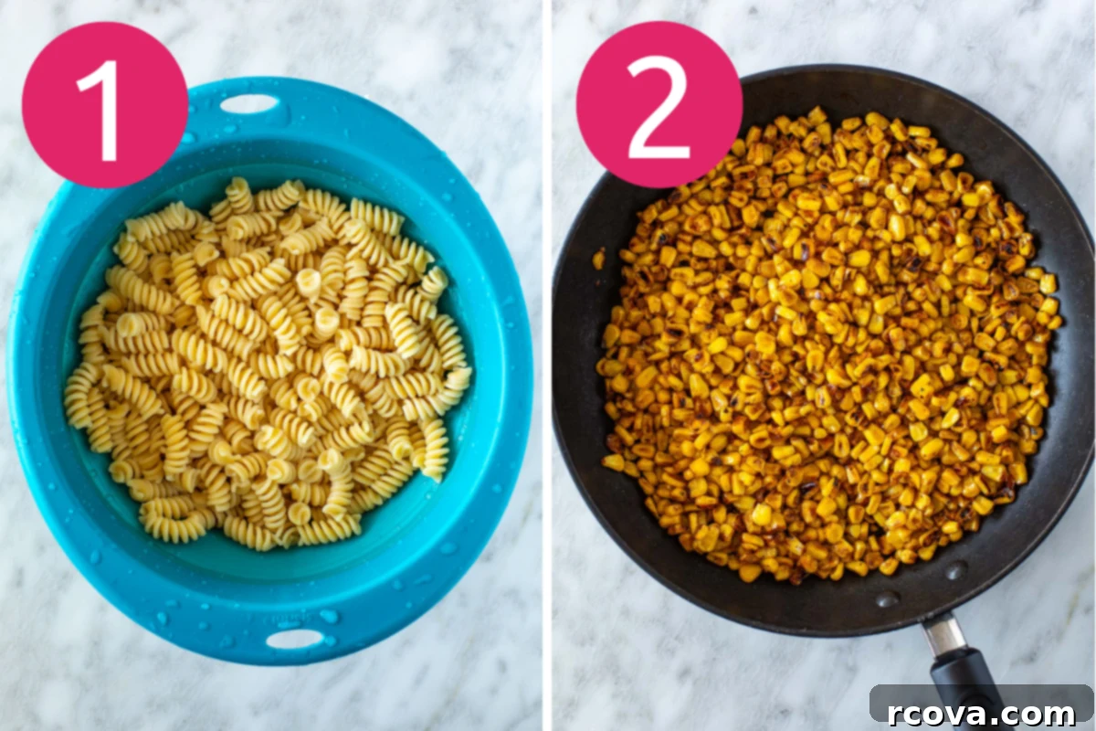 Fiesta Elote Pasta Salad 5 Collage showing steps 1 and 2 of making Mexican street corn pasta salad: 1. cooked ROTINI pasta in blue container . 2. Close-up of cooked corn in a pan.