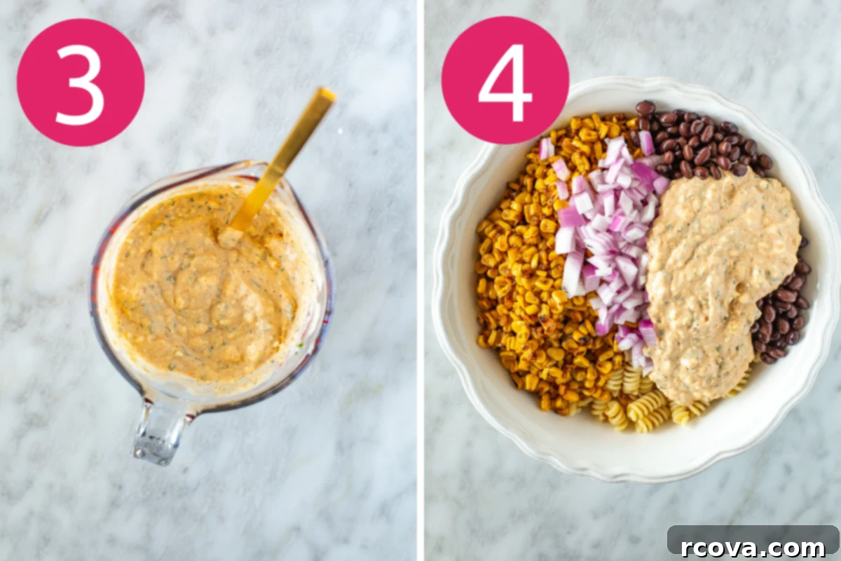 Fiesta Elote Pasta Salad 6 Collage showing steps 3 and 4 of making Mexican street corn pasta salad: 3. Overhead shot of the creamy dressing in a glass measuring cup. 4. Overhead shot of a white bowl with sections of all the ingredient to mix.