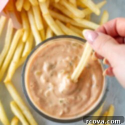 Your 3-Ingredient Big Mac Sauce Secret 9 Overhead shot of big mac sauce h in a small bowl, next to french fries - 3
