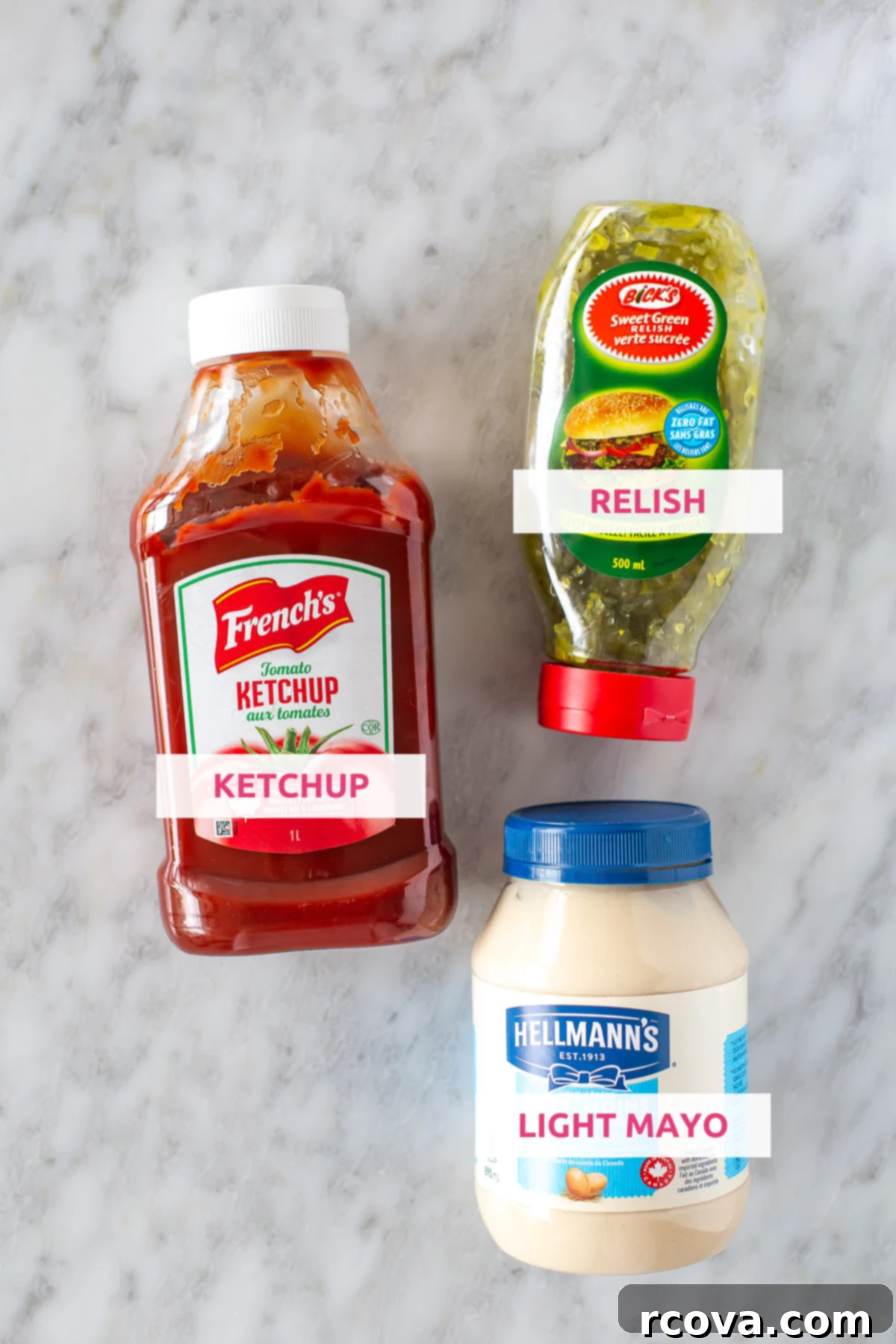 Your 3-Ingredient Big Mac Sauce Secret 4 Overhead shot of ingredients for Big Mac sauce with labels for light mayo, ketchup, and relish.