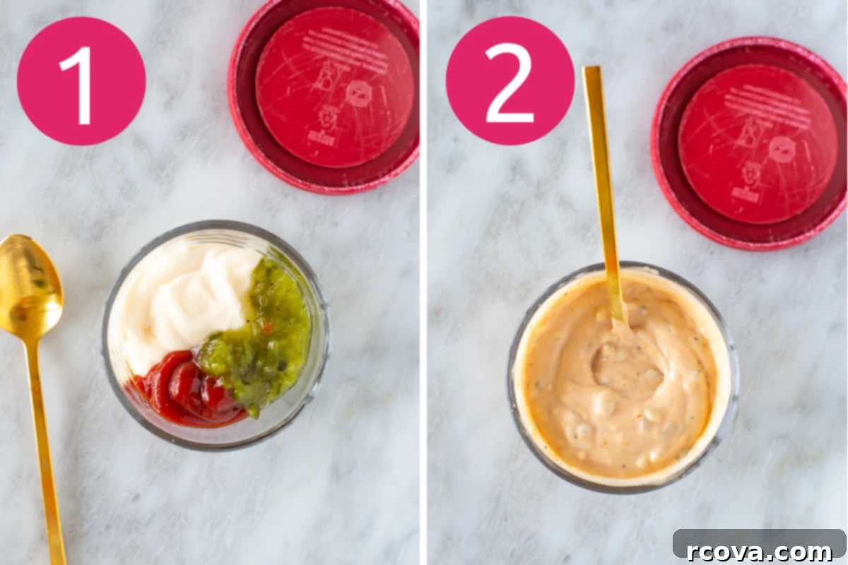 Your 3-Ingredient Big Mac Sauce Secret 5 Collage of step 1 showing ingredients in a bowl and step 2 showing the sauce being mixed for Big Mac sauce.