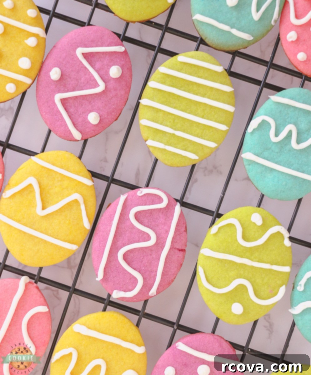 Whimsical Easter Egg Sugar Cookies 6 Easter Egg Sugar Cookies on a cooling rack