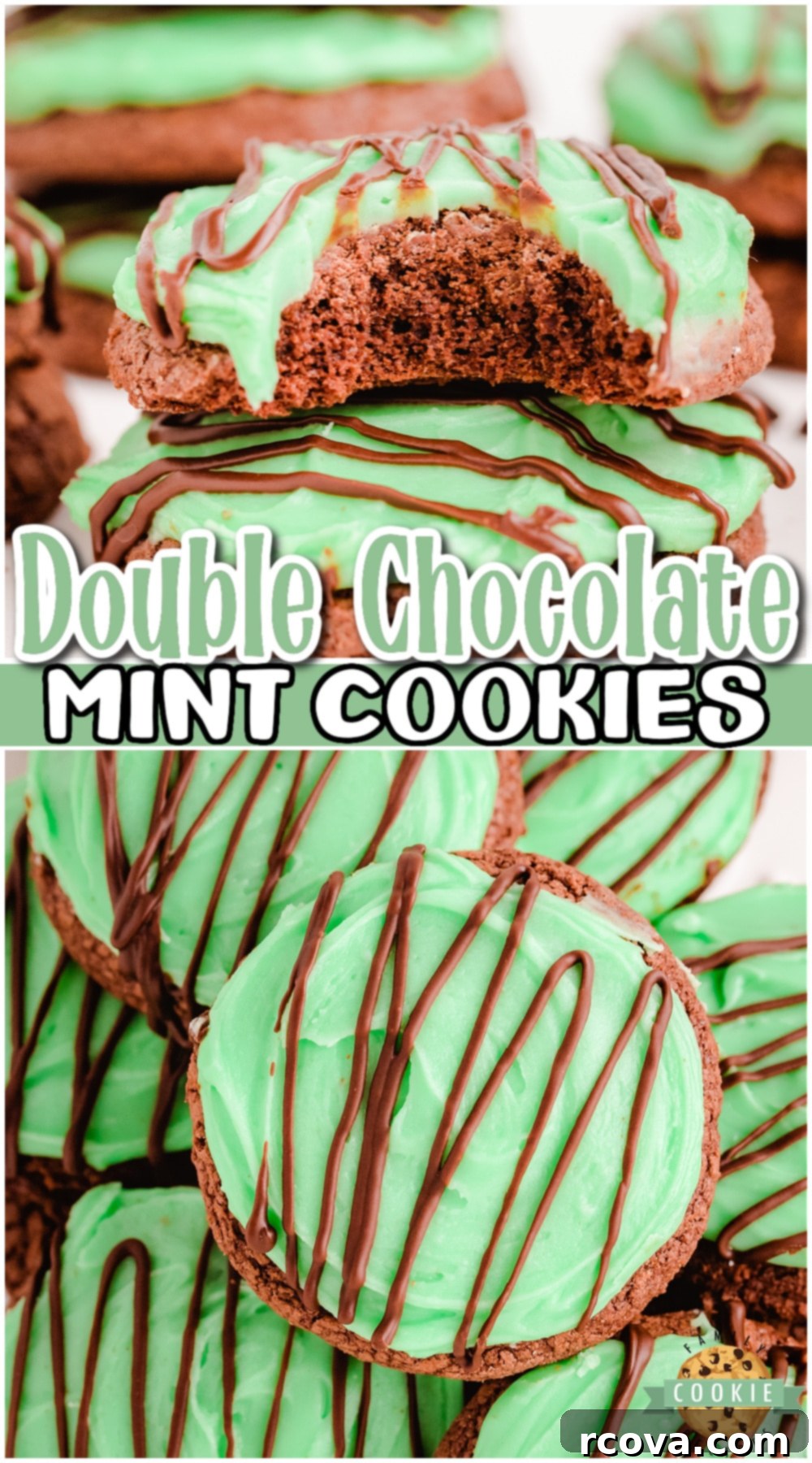 Cool Mint Double Chocolate Delights 12 Double Chocolate Mint Cookies with a brownie cookie base, topped with mint icing and a decadent chocolate drizzle! Fantastic cookies that mint chocolate lovers go crazy over!