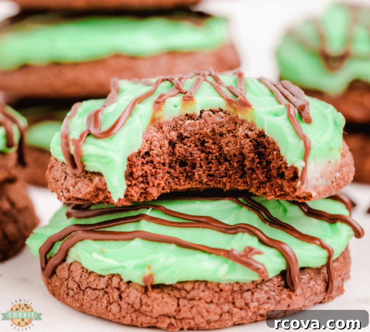 Cool Mint Double Chocolate Delights 3 brownie cookies with green mint icing and chocolate drizzle