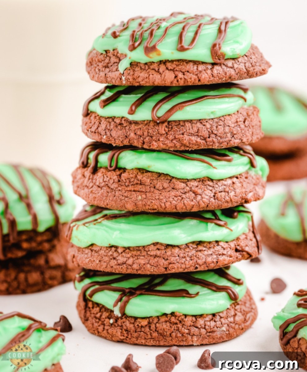 Cool Mint Double Chocolate Delights 4 stack of double chocolate mint cookies with green frosting and chocolate drizzle