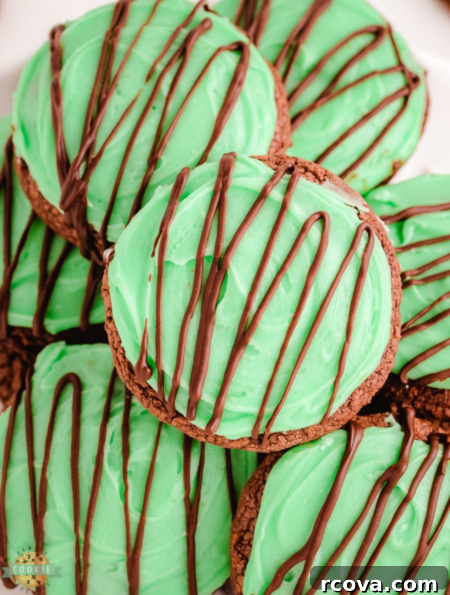 Cool Mint Double Chocolate Delights 6 mint green cookies with chocolate drizzle close up