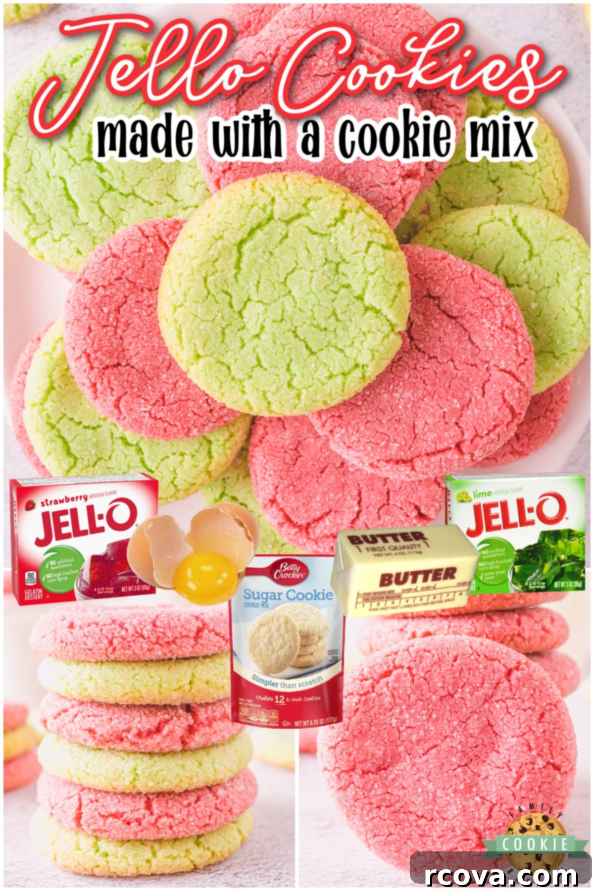 Vibrant Jello Cookies 6 A collage featuring easy Jello cookies, highlighting their fun colors and simple preparation from a cookie mix.