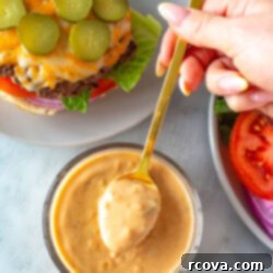 Signature Burger Sauce 9 overhead shot of the plated burger and burger sauce to add
