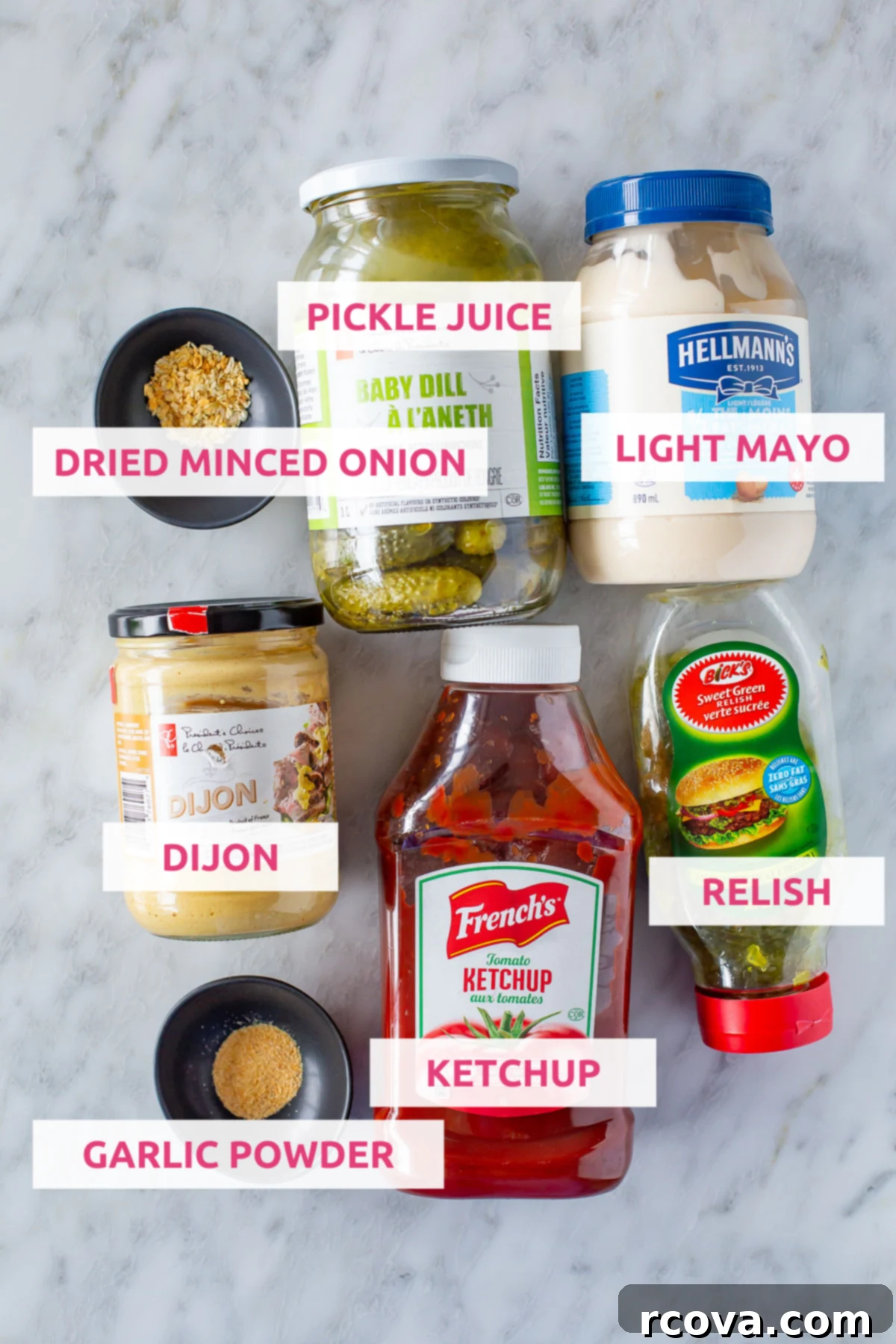 Signature Burger Sauce 4 Overhead shot of all individual burger sauce ingredients laid out, including light mayo, ketchup, relish, Dijon mustard, pickle juice, dried minced onion, and garlic powder.