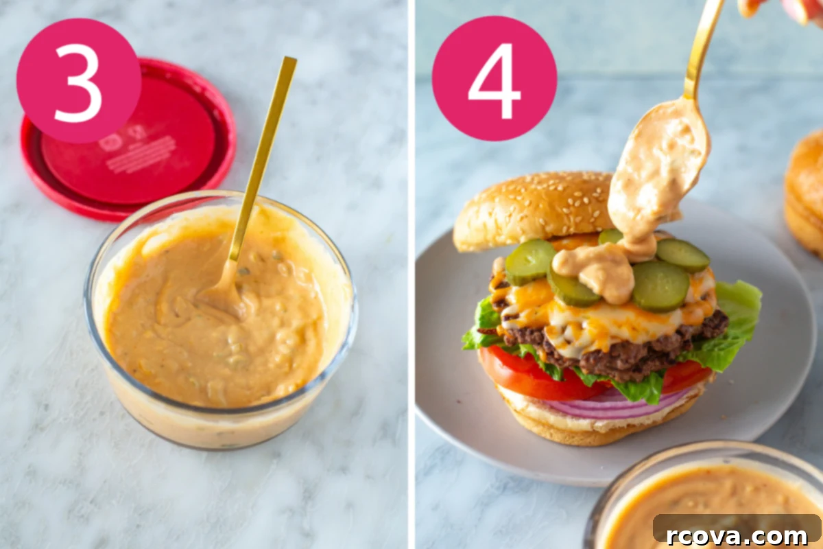Signature Burger Sauce 6 Special burger sauce making collage showing step 3: letting the sauce sit, and step 4: serving it over a burger.
