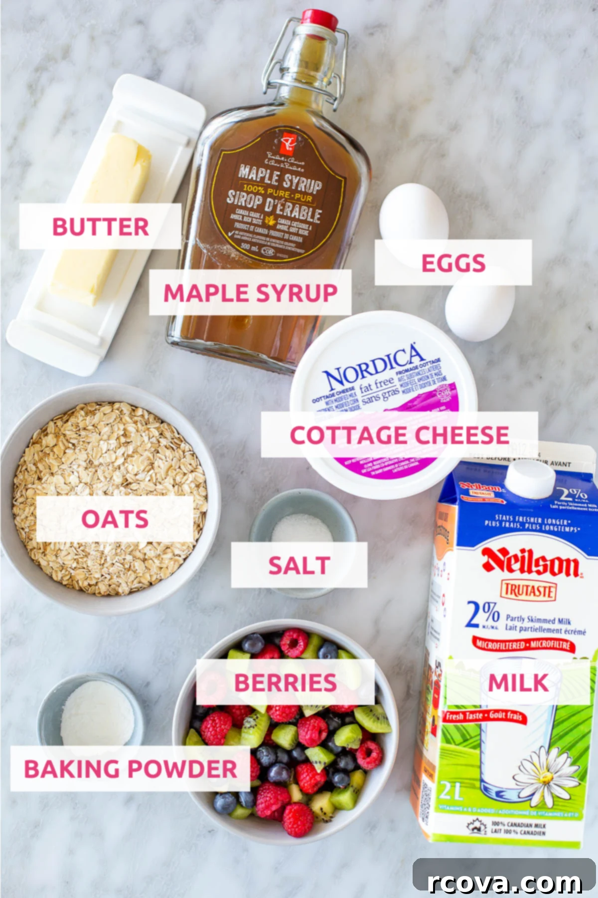 Protein-Packed Cottage Cheese Pancakes 4 overhead shot of the ingredients for cottage cheese pancakes with labels