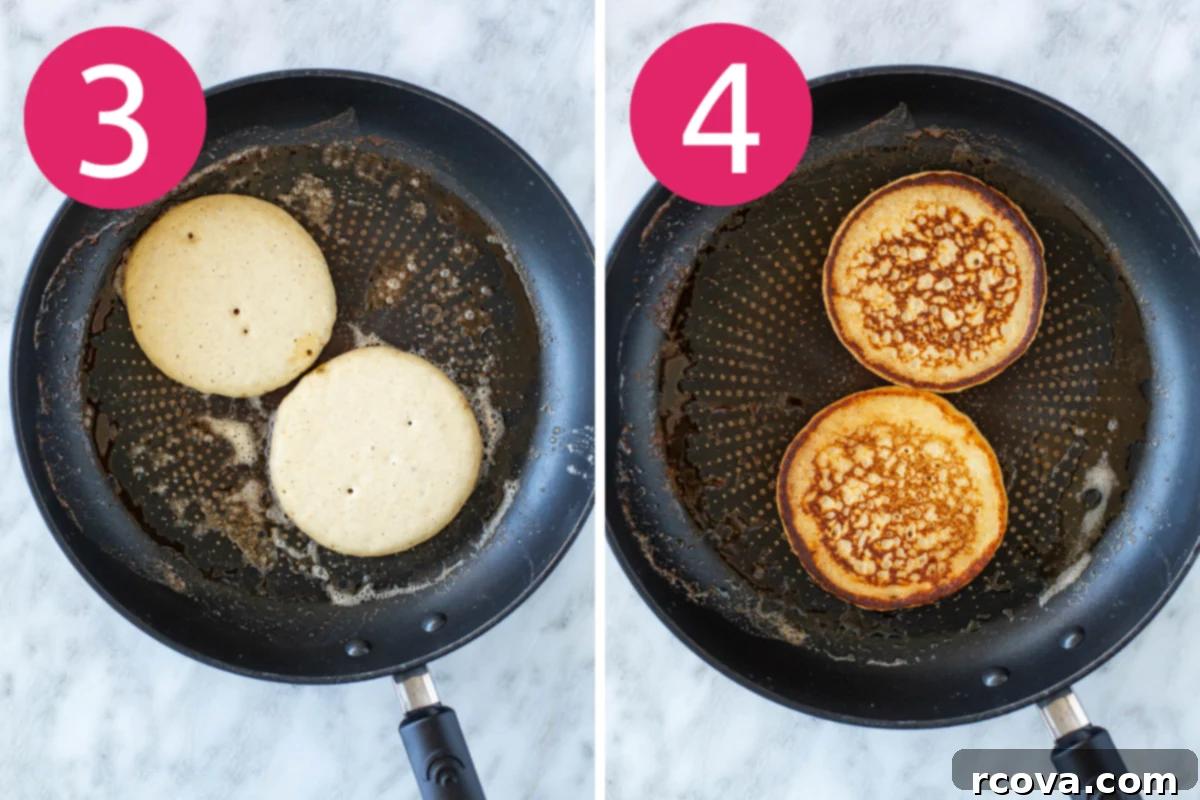 Protein-Packed Cottage Cheese Pancakes 6 collage of step 3 & 4 for cottage cheese pancakes