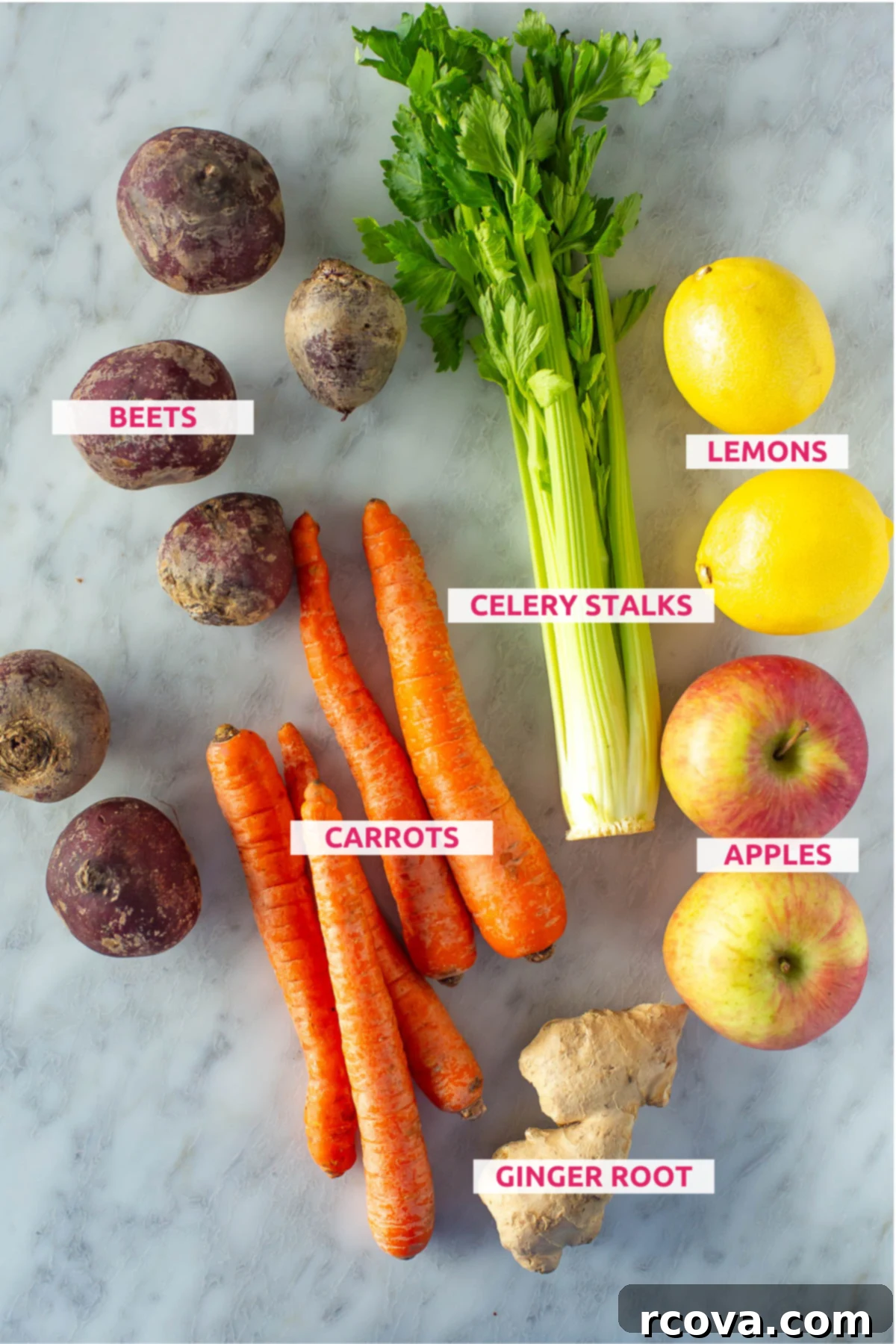Effortless Homemade Beet Juice 4 overhead shot of ingredients for beet juice with labels.