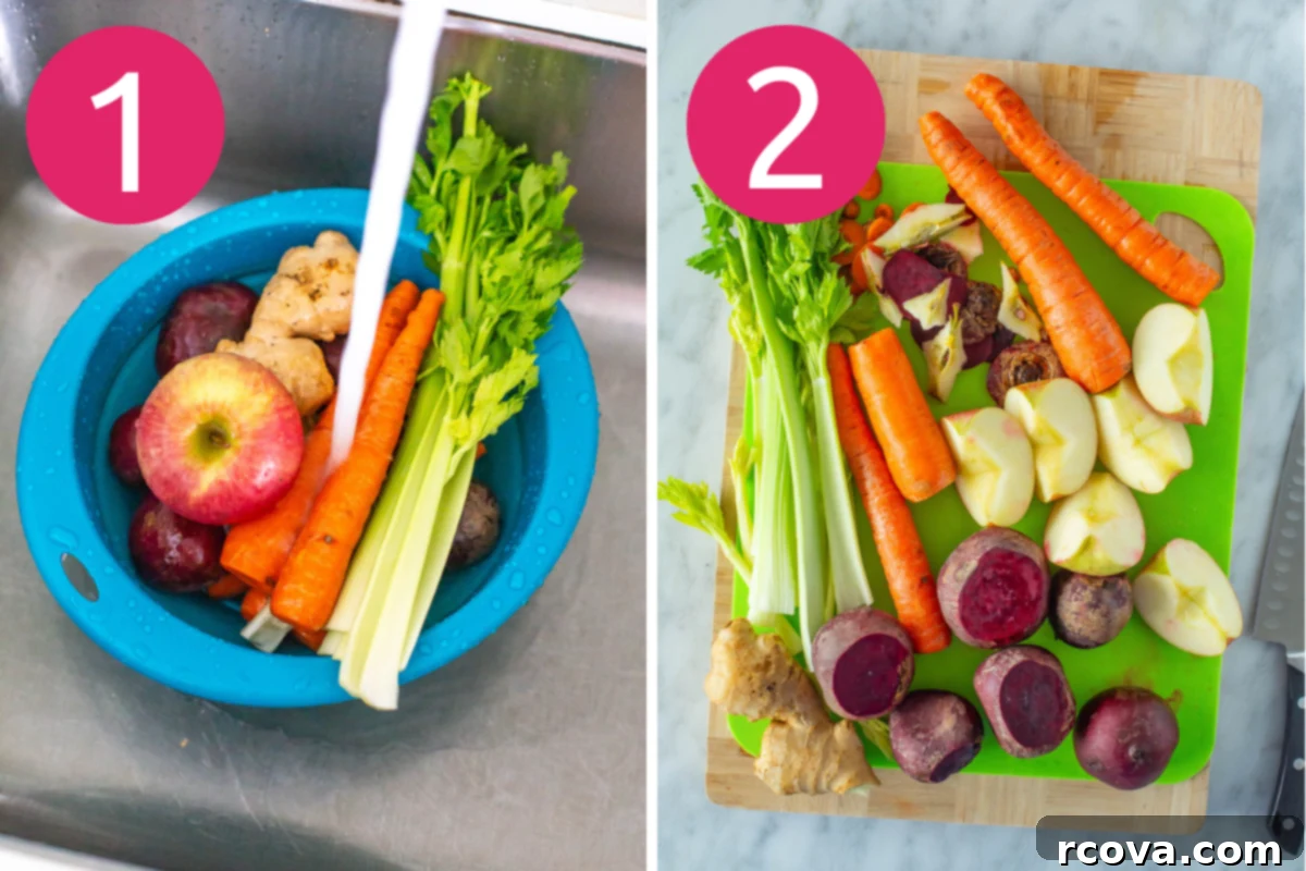 Effortless Homemade Beet Juice 5 Collage showing two steps: 1. Ingredients being washed in a blue colander under running water. 2. Washed and chopped ingredients on a green cutting board with a knife.