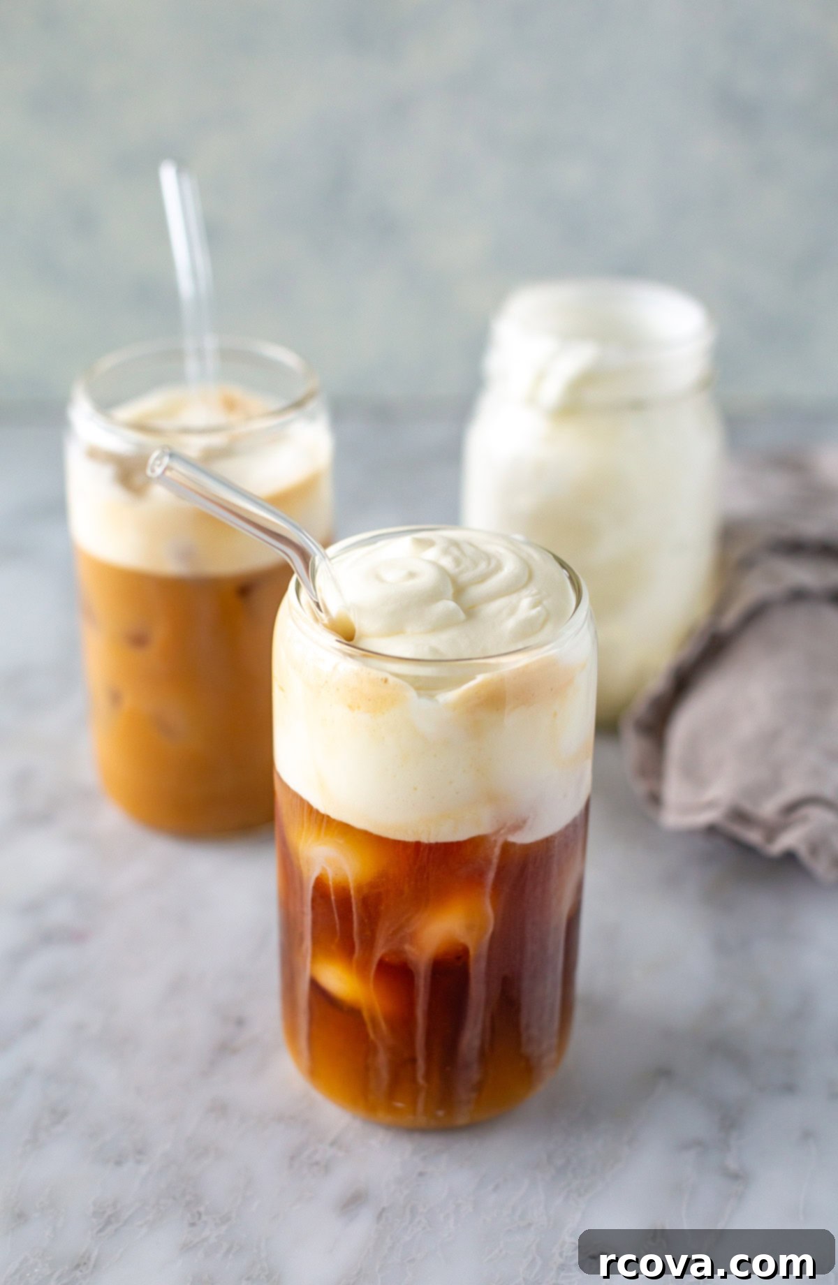 Effortless Cold Foam Perfection 7 Close-up of cold foam cold brew, showing the creamy texture and smooth layers.